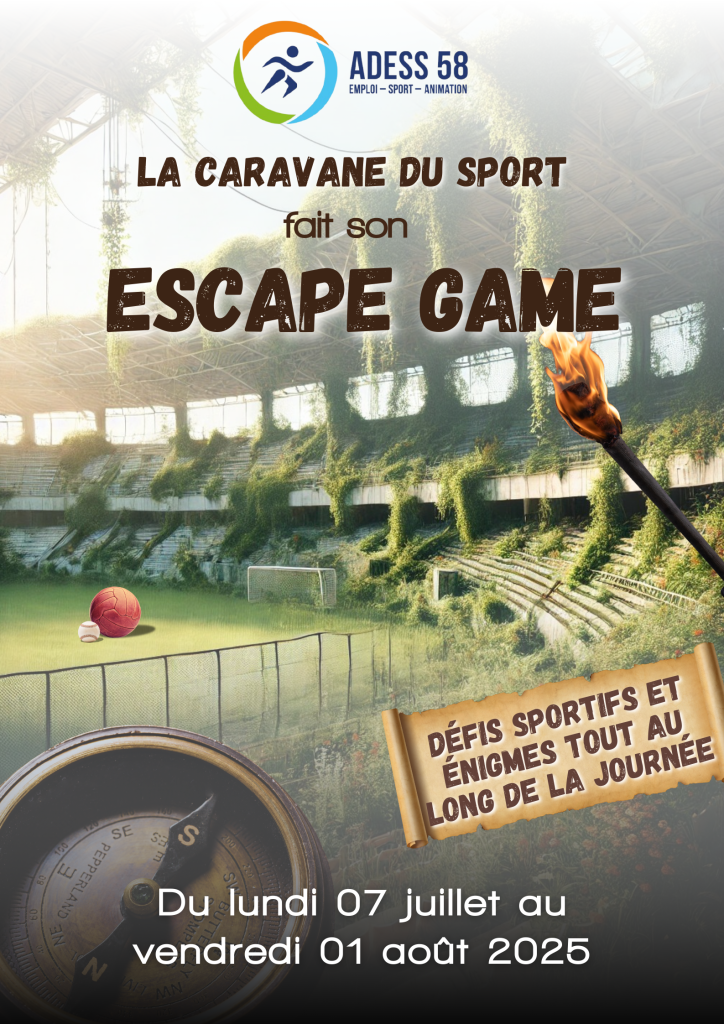 Affiche de la Caravane du Sport 2025 " La Caravane du sport fait son escape game"